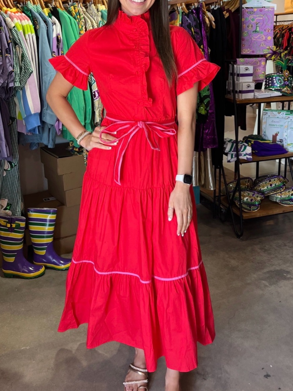 Red Ruffled Tie-Waist Maxi Dress